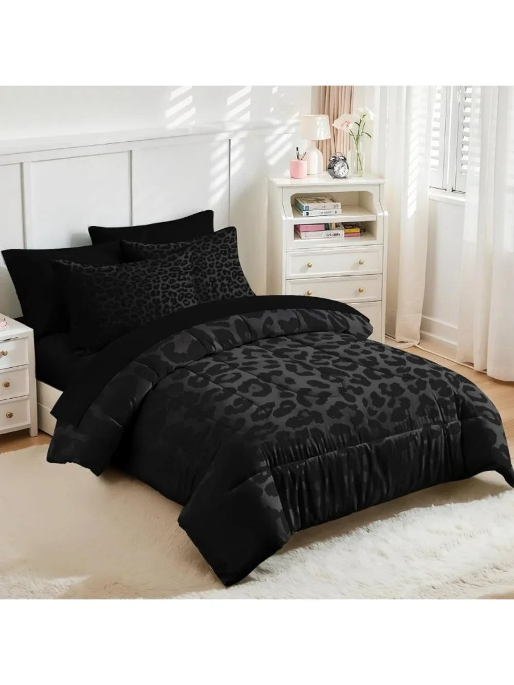 Leopard Print Queen Comforter Set with Sheets, 7-Piece Bedding Ensemble